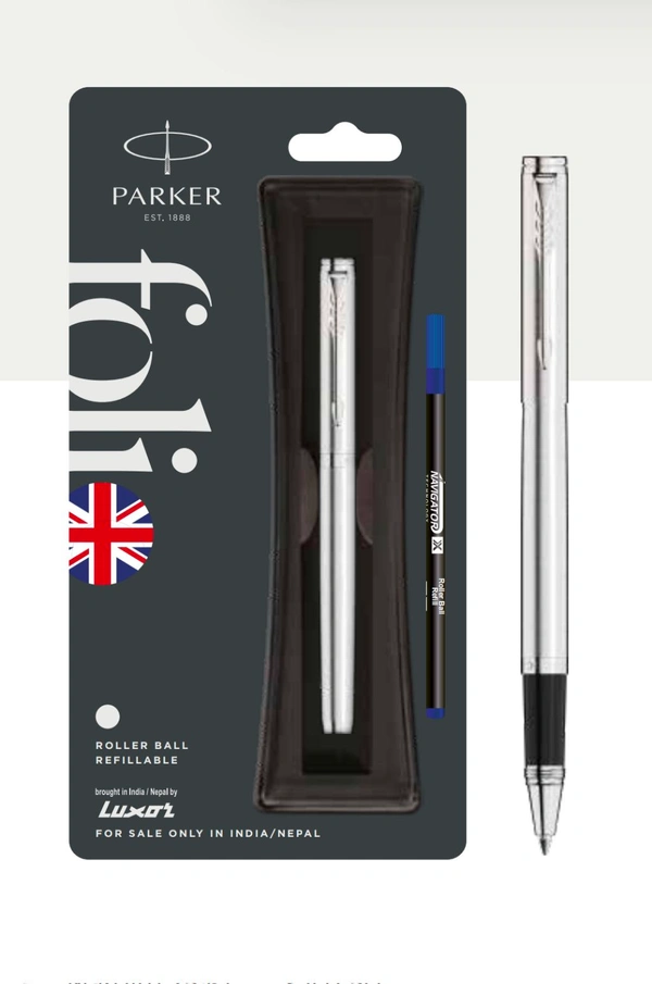 PARKER  FOLIO STAINLESS STEEL ROLLER BALL PEN WITH CHROME TRIM 