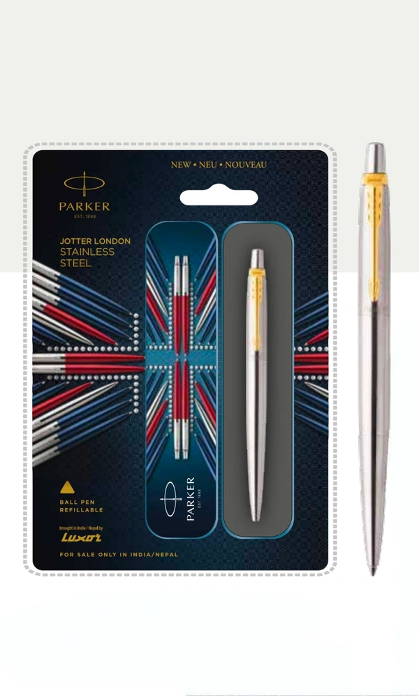 PARKER  JOTTER LONDON STAINLESS STEEL BALL PEN WITH GOLD TRIM 
