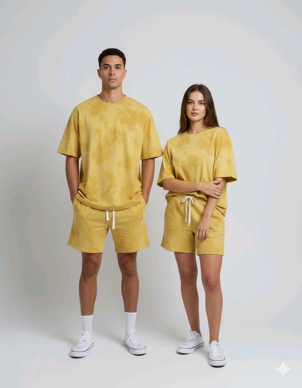 ROSEVERA Unisex Tie Dye Oversized T-Shirt & Shorts Combo - M, Yellow