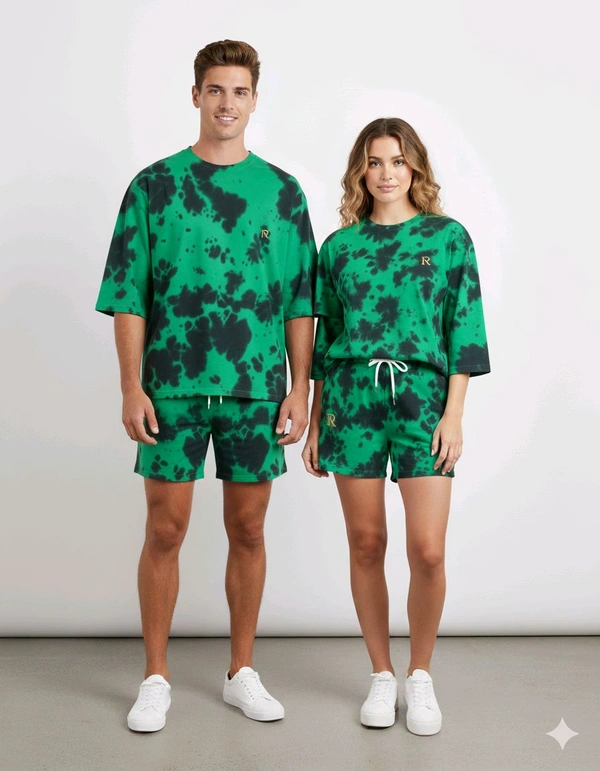 ROSEVERA Unisex Tie Dye Oversized T-Shirt & Shorts Combo - M, Green