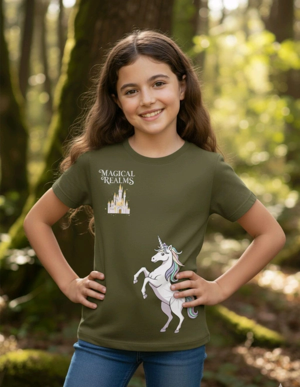 ROSEVERA Classic Crew T-Shirt – Unicorn Theme - 13-14, Olive Green