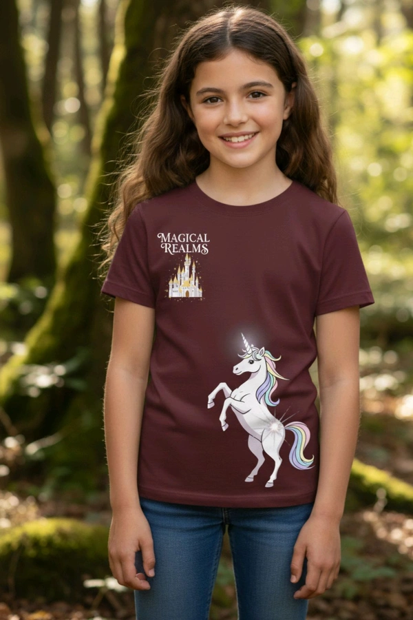 ROSEVERA Classic Crew T-Shirt – Unicorn Theme - 13-14, Maroon