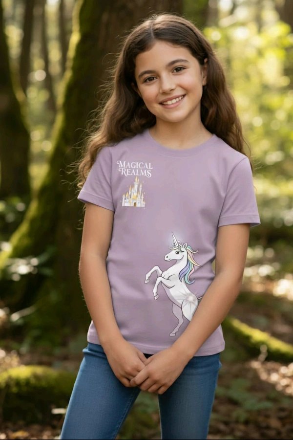 ROSEVERA Classic Crew T-Shirt – Unicorn Theme - 5-6, lavender