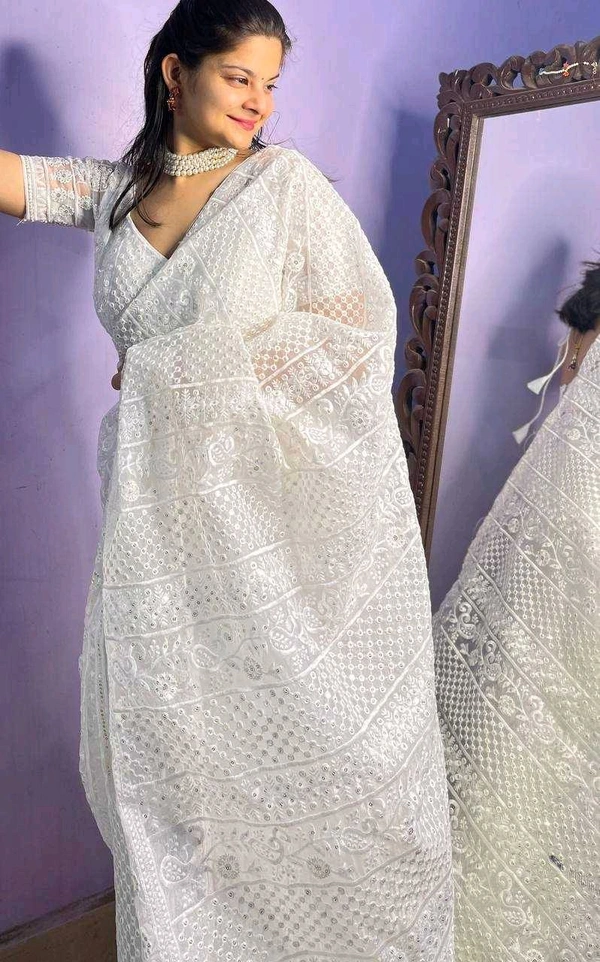 Organza White Saree - White