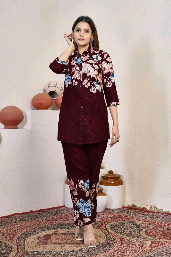 Women printed Top And Bottom (Plus Size) - wine, 2XL