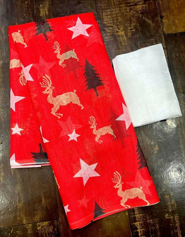 Linen Saree (Christmas Theme) - Red