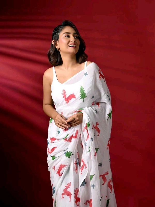 Linen Saree (Christmas Theme) - White