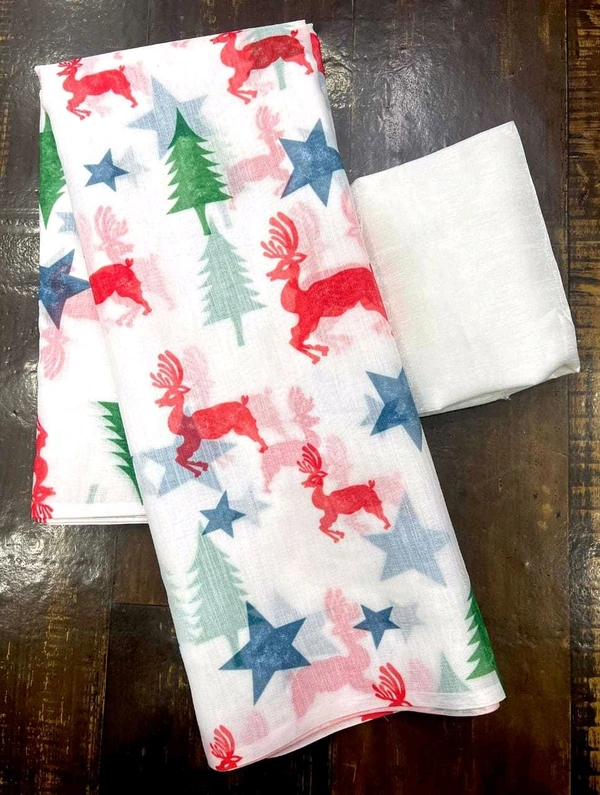 Linen Saree (Christmas Theme) - White