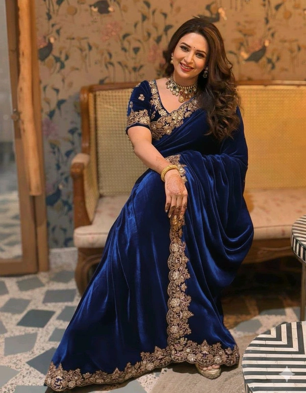 Luxury Designer Velvet Saree with Sequin & Jari Work - Navy Blue