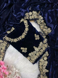 Luxury Designer Velvet Saree with Sequin & Jari Work - Navy Blue