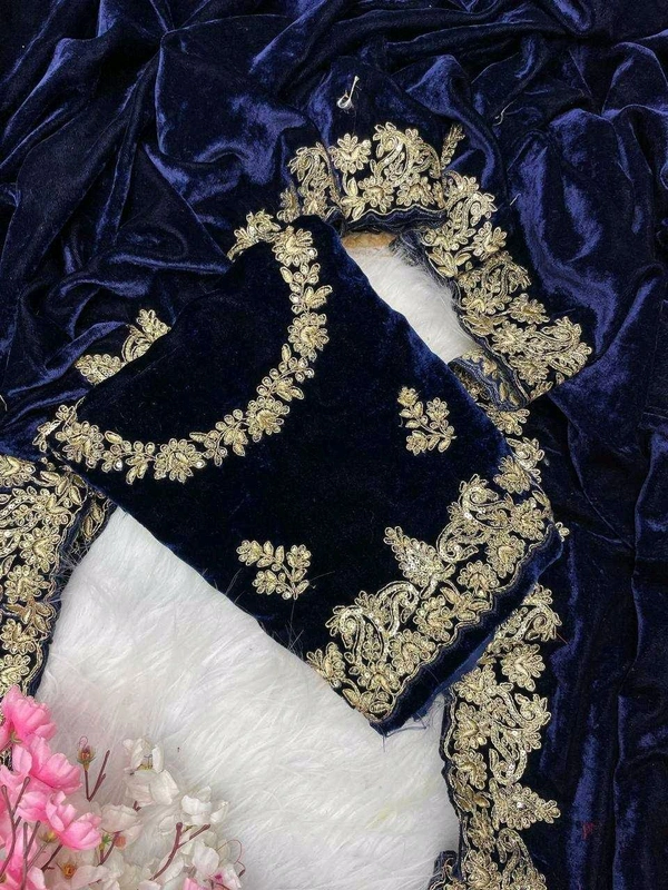 Luxury Designer Velvet Saree with Sequin & Jari Work - Navy Blue