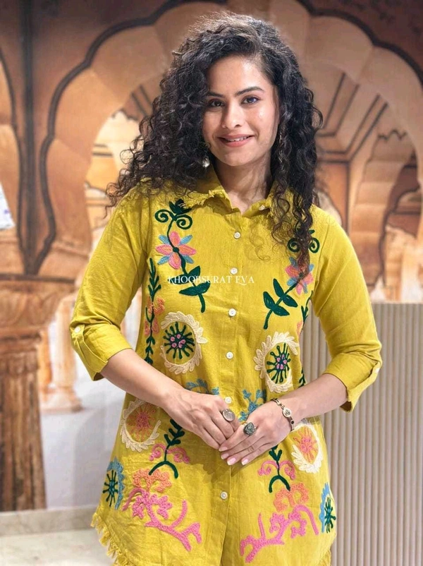 Premium Cotton Flax Co-ord Set – Fully Embroidered - M, mustard