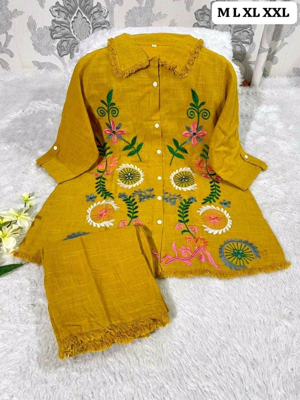 Premium Cotton Flax Co-ord Set – Fully Embroidered - M, mustard