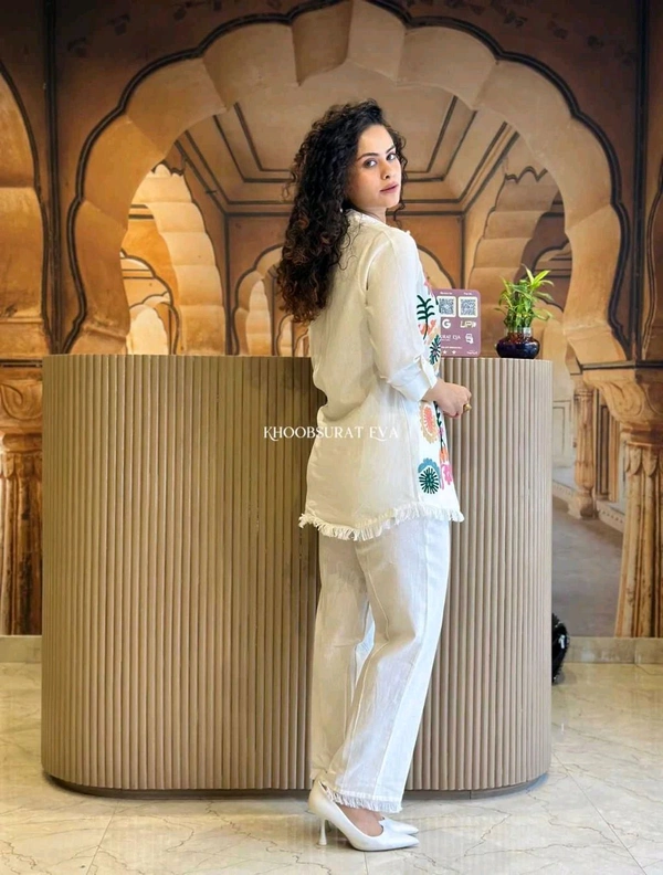 Premium Cotton Flax Co-ord Set – Fully Embroidered - XL, White