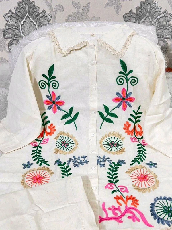 Premium Cotton Flax Co-ord Set – Fully Embroidered - XL, White