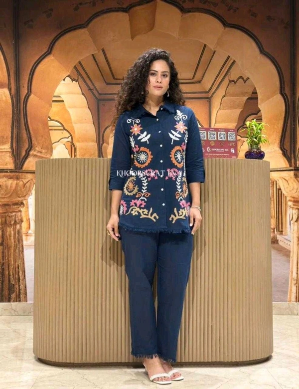 Premium Cotton Flax Co-ord Set – Fully Embroidered - XL, Navy Blue