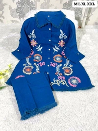 Premium Cotton Flax Co-ord Set – Fully Embroidered - XL, Navy Blue