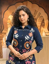 Premium Cotton Flax Co-ord Set – Fully Embroidered - XL, Navy Blue
