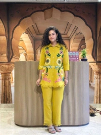 Premium Cotton Flax Co-ord Set – Fully Embroidered - XL, mustard
