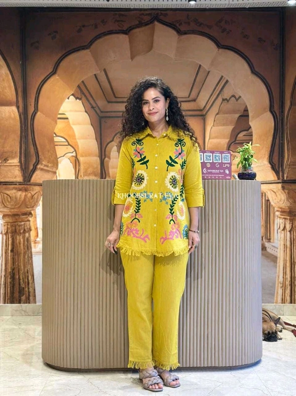 Premium Cotton Flax Co-ord Set – Fully Embroidered - XL, mustard