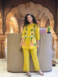 Premium Cotton Flax Co-ord Set – Fully Embroidered - XL, mustard