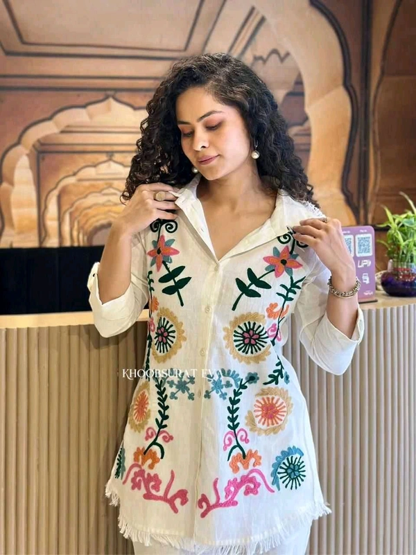 Premium Cotton Flax Co-ord Set – Fully Embroidered - XXL, White