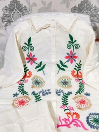 Premium Cotton Flax Co-ord Set – Fully Embroidered - XXL, White
