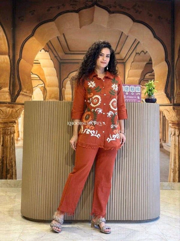Premium Cotton Flax Co-ord Set – Fully Embroidered - XXL, orange