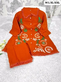 Premium Cotton Flax Co-ord Set – Fully Embroidered - XXL, orange