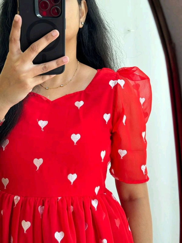 Valentine Red Heart Embroidery Midi Gown - M, Red