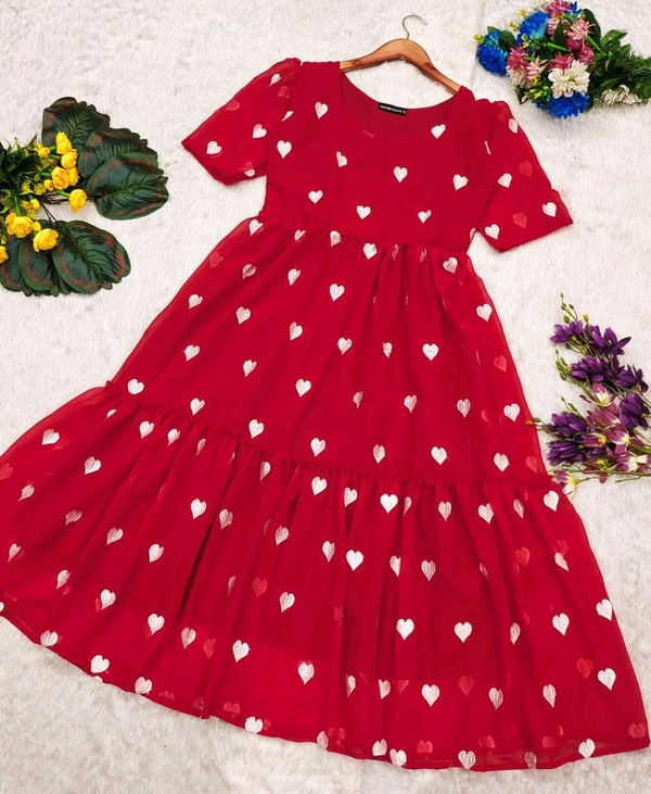 Valentine Red Heart Embroidery Midi Gown - L, Red