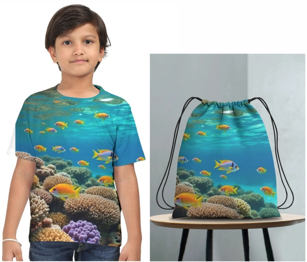 ROSEVERA AOP T-Shirt + Drawstring Bag - 7-8, aqua blue