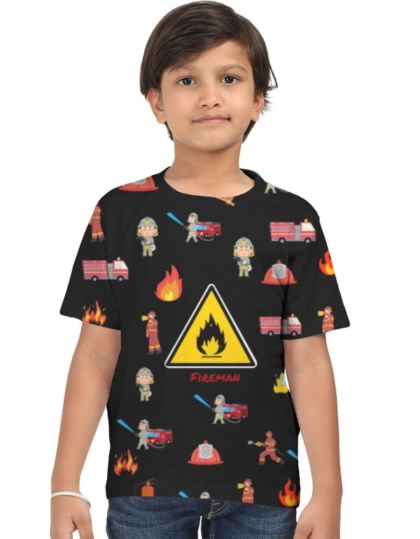 ROSEVERA Kids AOP Fireman Theme T-Shirt - 9-10, Black