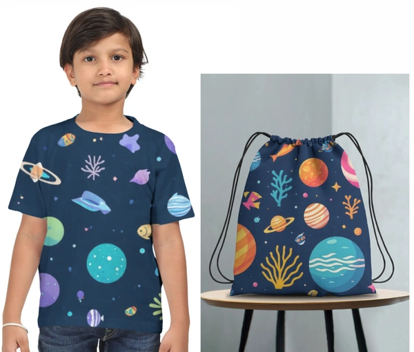 ROSEVERA AOP T-Shirt + Drawstring Bag - 13-14, Navy Blue