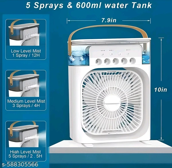 Mini air cooler for home/office/travel with 3 speed fan &1/2/3 hours timer, 7 colour LED light  - White