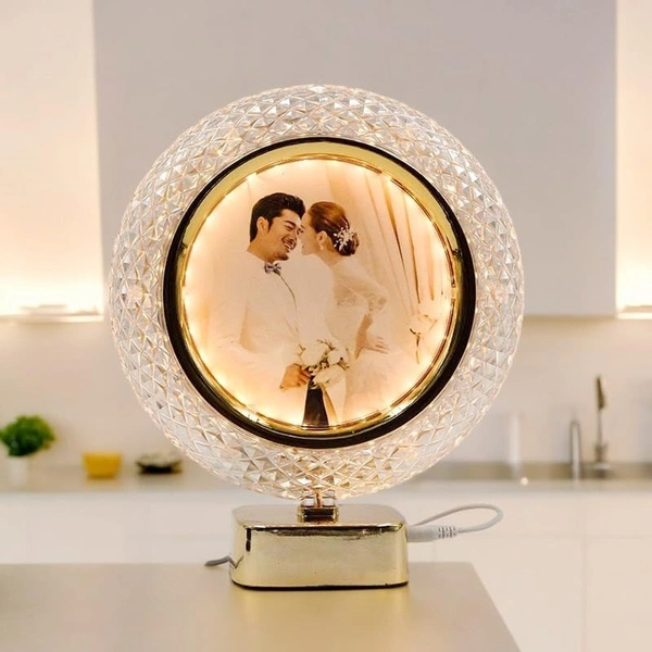 AMBARA PRINTS Customized LED Crystal Photo Frame with Photo LED Table Top Moon Lamp With Touch Control Heart Shaped Golden Digital Photo Frame - 250g