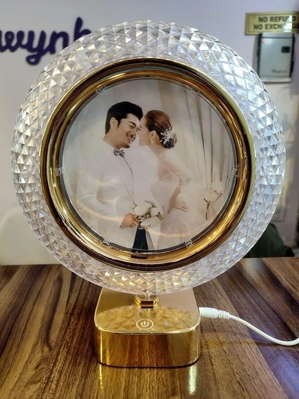 AMBARA PRINTS Customized LED Crystal Photo Frame with Photo LED Table Top Moon Lamp With Touch Control Heart Shaped Golden Digital Photo Frame - 250g