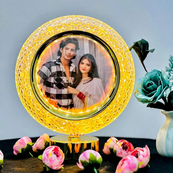 AMBARA PRINTS Customized LED Crystal Photo Frame with Photo LED Table Top Moon Lamp With Touch Control Heart Shaped Golden Digital Photo Frame - 250g