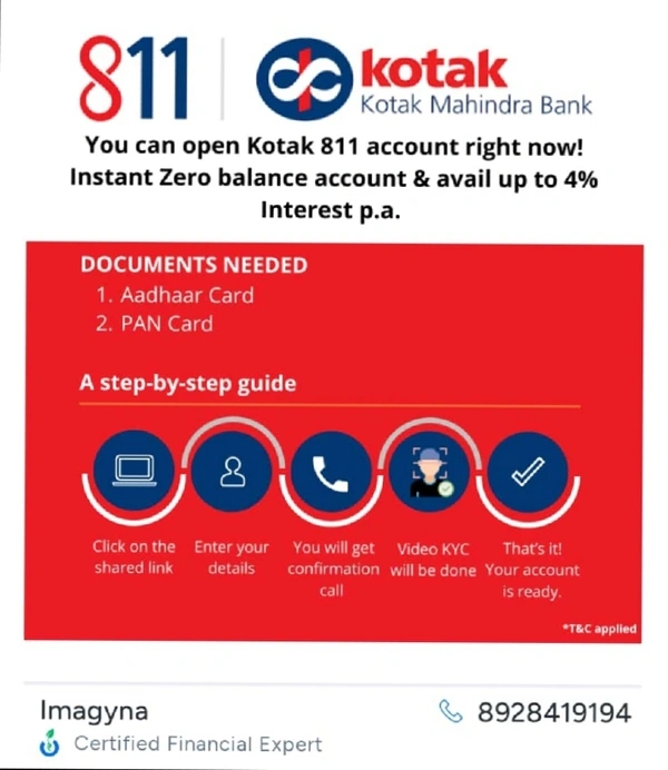 KOTAK 811 zero Balance Bank A/C (FREE)