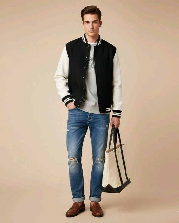 Premium Black & White Contrast Sleeve Varsity Jacket or Modern Collegiate Black/White Wool-Blend Varsity Jacket