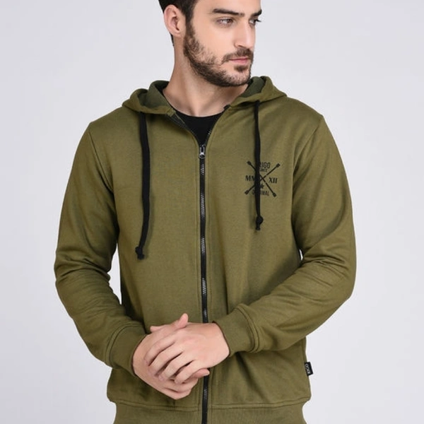 Rigo Olive Green Fleece Hooded With Front Zip Open sweatshirt-Full - L