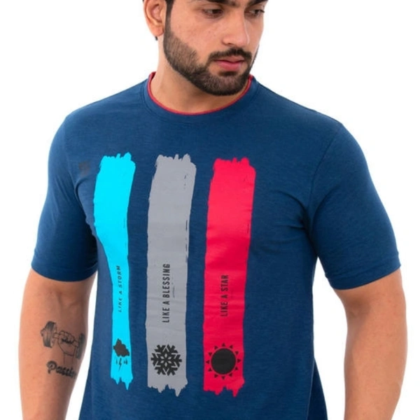 Men's Navy Blue Printed Cotton Short Sleeves Round Neck T-shirt - L