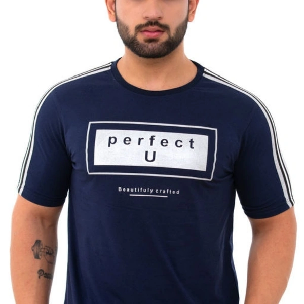 Men's Navy Blue Printed Cotton Short Sleeves Round Neck T-shirt - M