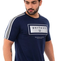 Men's Navy Blue Printed Cotton Short Sleeves Round Neck T-shirt - XXL