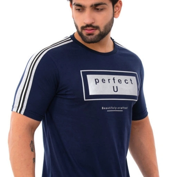 Men's Navy Blue Printed Cotton Short Sleeves Round Neck T-shirt - XXL