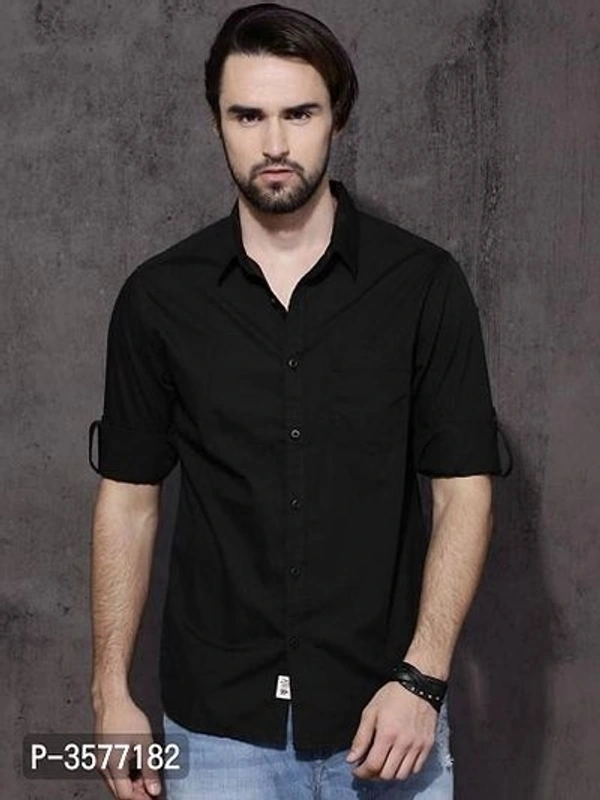 Men's Black Cotton Solid Long Sleeves Slim Fit Casual Shirt - M