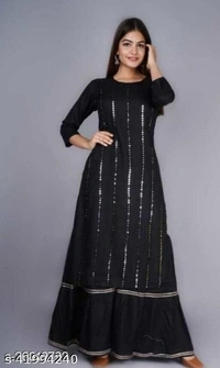 GCC Women's Solid Printed Rayon Zari Mirror Work A-Line Kurti With Sharara Set - XL