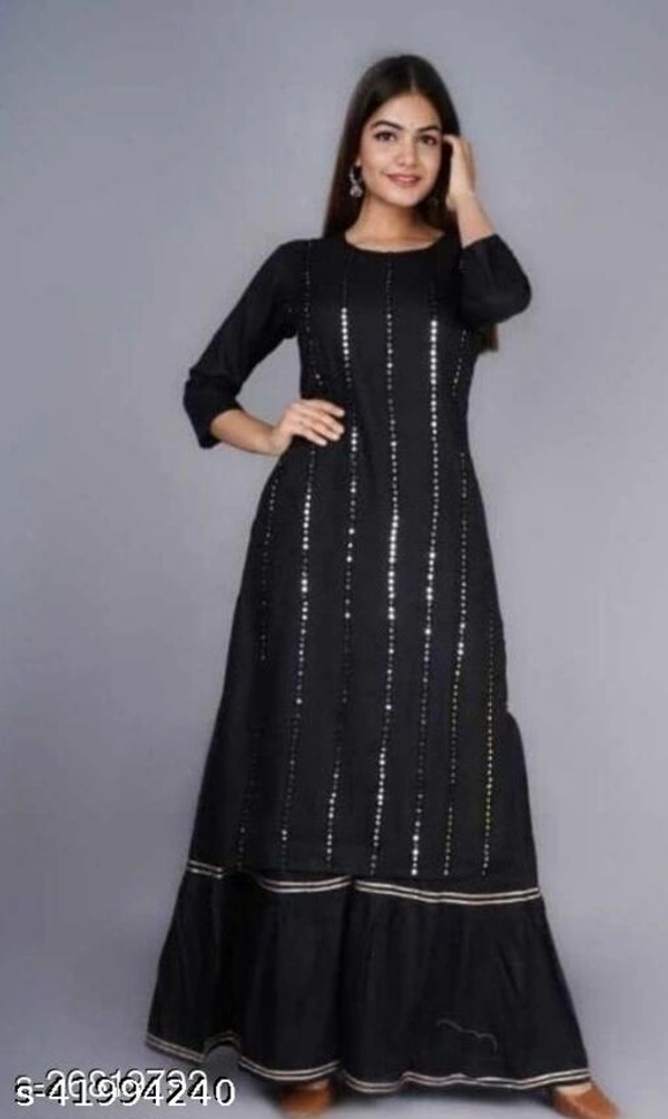 GCC Women's Solid Printed Rayon Zari Mirror Work A-Line Kurti With Sharara Set - XL