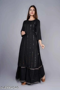 GCC Women's Solid Printed Rayon Zari Mirror Work A-Line Kurti With Sharara Set - XL
