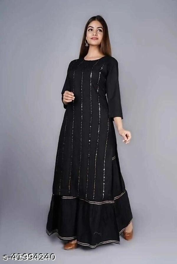 GCC Women's Solid Printed Rayon Zari Mirror Work A-Line Kurti With Sharara Set - XL